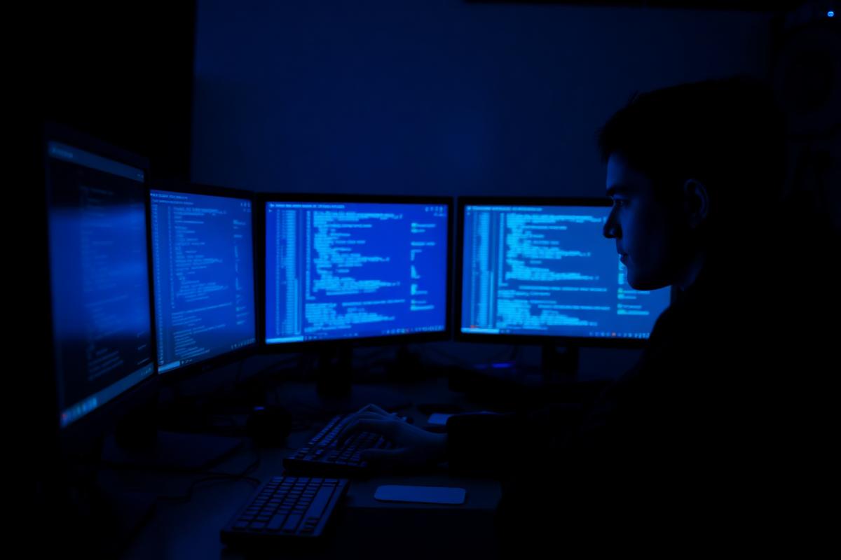 Engineer reviewing source code across multiple monitors in a dim studio